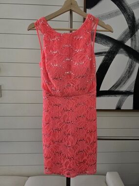 Hailey Logan Coral Lace Sequin Sheath Dress